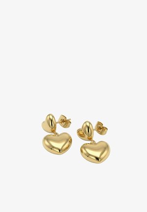 Pendientes de botón de tono dorado con pequeñas partes superiores en forma de corazón y colgantes de corazón más grandes, con superficie pulida y reflectante.