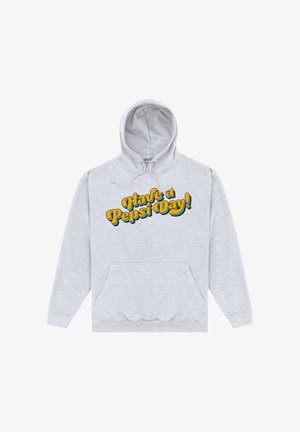 Hellgrauer Hoodie mit Fronttasche und orange-blauem Text, der in fetter, verspielter Schrift "Haben Sie einen Pepsi-Tag!" sagt.