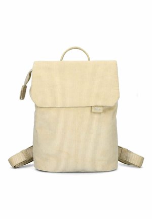 Beigefarbener Cord-Rucksack mit Klappe oben, kleinem Schlaufenhenkel, zwei Schultergurten und seitlichem Reißverschluss-Zuglasche.