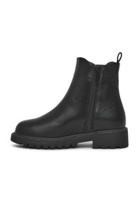 Stivale alla caviglia nero in pelle liscia con zip laterale, punta arrotondata, suola spessa e cuciture decorative lungo la base.