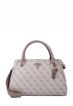 Beige præget designerhåndtaske med top-håndtag, aftagelig skulderrem og metal logo vedhæng foran.