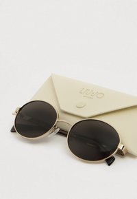 Kerek fekete napszemüveg arany díszítéssel és egy védő világos bézs tok, amely patentzárral és dombornyomással rendelkezik.