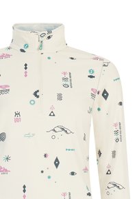 Svetlo béžový fleece s polovičným zipsom a rôznymi geometrickými a prírodou inšpirovanými vzormi v čiernej, ružovej a tyrkysovej farbe, s vysokým golierom a dlhými rukávmi.