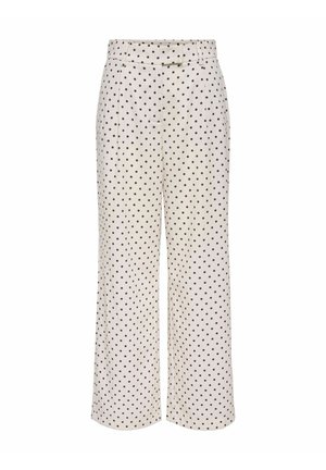 Biele nohavice s širokými nohavicami s čiernymi bodkami, pútka na opasok, predné zapínanie na gombíky a bočné vrecká.