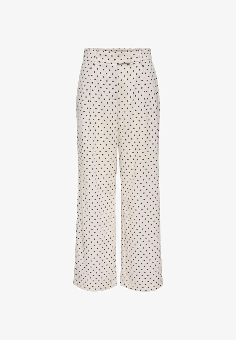 Pantalon blanc à coupe large avec des pois noirs, passants de ceinture, fermeture à boutons devant et poches latérales.
