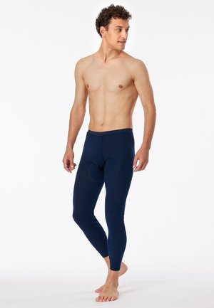 Leggings longs bleu marine en tissu extensible, offrant une coupe près du corps, une taille élastique et une poche avant pour le soutien.