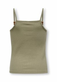 Top senza maniche di colore verde oliva, lavorato a costine, con sottili spalline decorate con piccole perline in legno, adagiato su uno sfondo bianco.