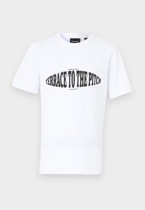 White cotton t-shirt featuring black text that reads "TERRACE TO THE PITCH" with "FOOTBALL FOR ALL" in smaller print. Short sleeves, crew neck.