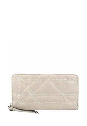 Beige leather wallet with diagonal stitching patterns, zipper closure, and wrist strap. Smooth texture and rectangular shape.