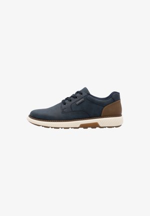Marineblaue Lederschuhe mit braunen Lederakzenten, einer hellen Gummisohle, runder Zehenform und Schnürdesign. Mit strukturiertem Stich versehen.