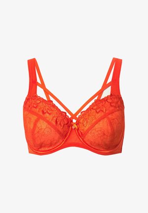 Czerwony biustonosz z koronką, zdobiony haftem kwiatowym, z fiszbinami i regulowanymi ramiączkami z ozdobnym akcentem na środku. Materiał półprzezroczysty.