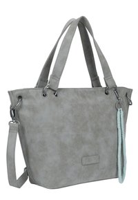Borsa tote in finta pelle grigia con doppi manici, hardware in argento e dettaglio in frange decorativa. Design strutturato con base piatta.
