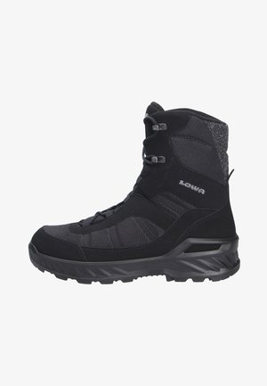 Schwarze Schnür-Wanderschuhe mit einer Kombination aus Textil- und Synthetikmaterialien, hohem Knöcheldesign und einer robusten Gummisohle für optimalen Halt.