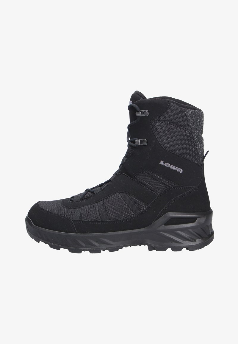 Black lace-up hiking boots featuring a mix of textile and synthetic materials, high ankle design, and a rugged rubber sole for traction.