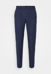 Mörkblå byxor med skräddarsydd passform, tillverkade av textil med struktur, med en enkel knappstängning och standard bältesöglor.