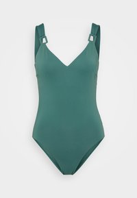 Maillot de bain une pièce teal avec un décolleté en V, des bretelles larges et des accents en métal carré. Matériau lisse et extensible avec un design épuré.