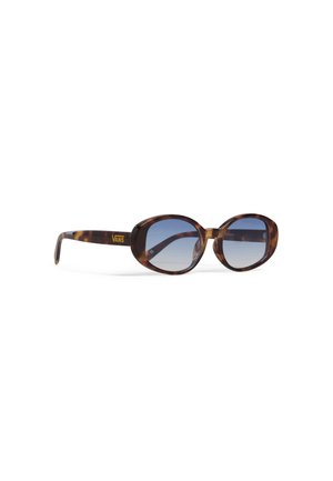 Tortoiseshell sunglasses with an oval frame, dark lenses, and a yellow Vans logo on the temple, featuring a smooth, glossy finish.