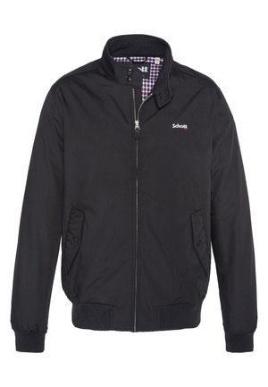 Veste bomber noire avec fermeture éclair, deux poches latérales, poignets et ourlet côtelés, et doublure intérieure à carreaux. Présente un logo sur la poitrine.