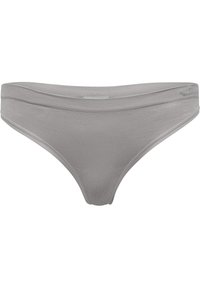 Grauer Bikini-Unterteil aus strukturiertem Stoff, mit einem tief sitzenden Design, glatten Bund und minimaler Abdeckung.