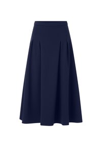 Jupe plissée bleue marine en tissu doux, avec une taille haute et une silhouette fluide en A. Ourlet sans couture pour une finition soignée.