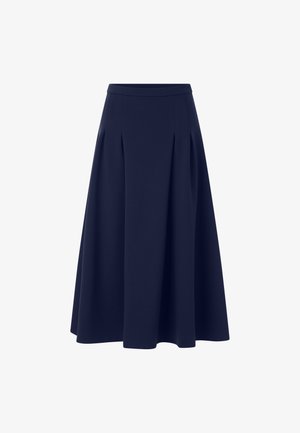 Marineblauwe geplooide rok van zacht stof, met een hoge tailleband en een vloeiende A-lijn silhouet. Naadloze zoom voor een nette afwerking.