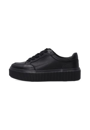 Black leather sneaker with a rounded toe, textured rubber sole, and flat laces. Features a smooth upper and ridged detailing on the sole.