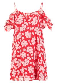 Vestido floral rojo con mangas al descubierto, que presenta acentos con volantes y un gran estampado de flores rosas en una tela ligera.