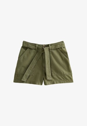 Olijfgroene hoge taille shorts met grote voorzakken, een stoffen riem, riemlussen en een knoopsluiting in de taille.