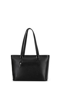 Zwart leren totebag met een gestructureerd oppervlak, twee lange handvatten en een voorzak met rits. Rechthoekige vorm met minimalistische designelementen.