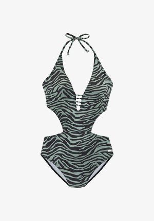 Jednodielne plavky s potlačou zebry v zelenej a čiernej farbe, s hlbokým výstrihom v tvare V, výrezmi na bokoch a viazaním na krku.