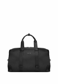 Bolsa de lona rectangular negra con doble asa superior, cierre de cremallera y logotipo "CERRUTI 1881" en el centro del frente.