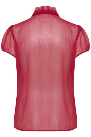 Raudona permatoma bluzelė su trumpomis pūstomis rankovėmis ir raukšlėtu apykakle. Ypatybės: lengvas, permatomas audinys ir laisvas siluetas.