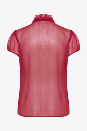 Raudona permatoma bluzelė su trumpomis pūstomis rankovėmis ir raukšlėtu apykakle. Ypatybės: lengvas, permatomas audinys ir laisvas siluetas.