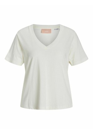 Biały damski T-shirt z krótkim rękawem i dekoltem w serek, luźny fason i mała różowa metka wewnątrz kołnierza.