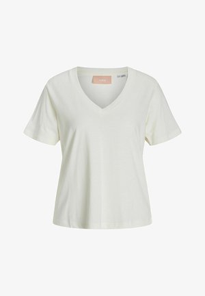 Biały damski T-shirt z krótkim rękawem i dekoltem w serek, luźny fason i mała różowa metka wewnątrz kołnierza.