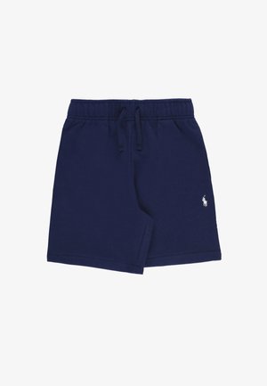 Pantaloni corti di cotone blu navy con vita elastica, cordoncino e un piccolo logo ricamato in bianco sulla parte inferiore sinistra della gamba.