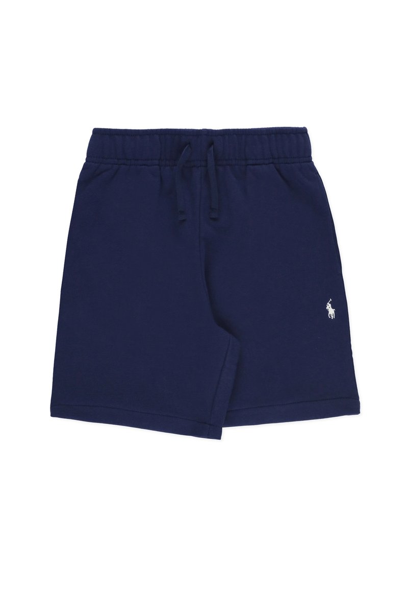 Pantaloni corti di cotone blu navy con vita elastica, cordoncino e un piccolo logo ricamato in bianco sulla parte inferiore sinistra della gamba.