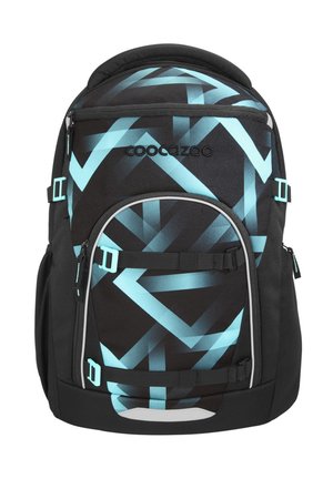 Schwarz-blauer Rucksack von Coocazoo mit geometrischem Muster, mehreren Reißverschlussfächern und verstellbaren Riemen an Vorder- und Seitenflächen.