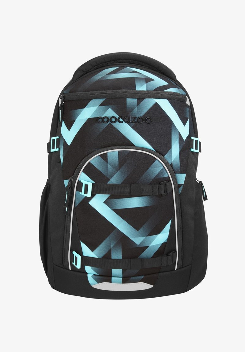 Sac à dos Coocazoo à motifs géométriques noirs et bleus avec plusieurs compartiments zippés et bretelles réglables à l'avant et sur les côtés.