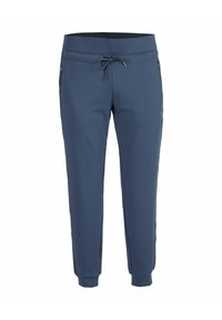 Pantalones jogger azul marino para hombre con cintura ajustable mediante cordón, bolsillos laterales con cremallera y puños en los tobillos.