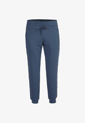 Pantalones jogger azul marino para hombre con cintura ajustable mediante cordón, bolsillos laterales con cremallera y puños en los tobillos.