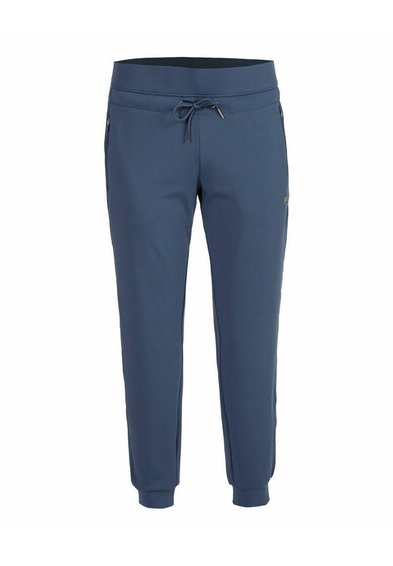 Pantalones jogger azul marino para hombre con cintura ajustable mediante cordón, bolsillos laterales con cremallera y puños en los tobillos.
