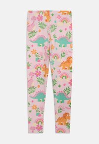 Pink leggings featuring a colorful dinosaur and floral print, with accents of green, yellow, and orange, set against a light background.
