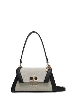Borsa con finiture in pelle nera, tessuto beige strutturato, accessori dorati, manico superiore e tracolla removibile del marchio Guess.
