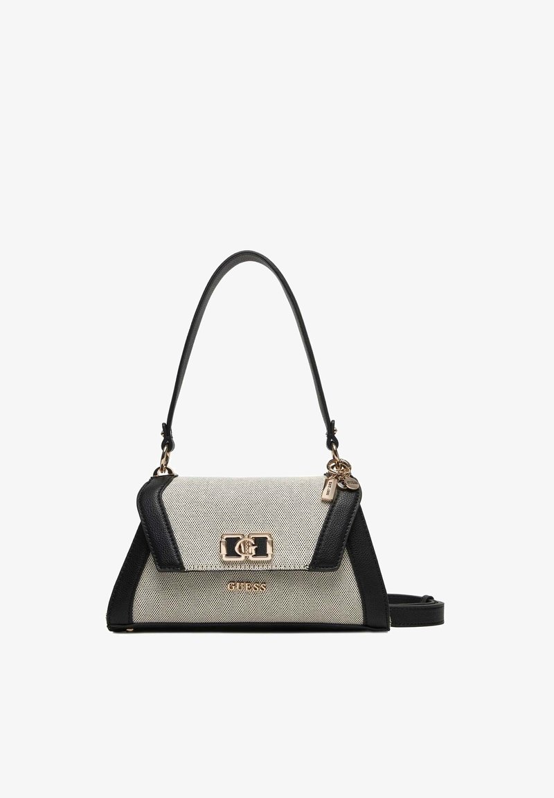 Handtasche mit schwarzem Lederbesatz, beigem strukturiertem Stoff, goldfarbenen Beschlägen, Tragegriff oben und abnehmbarem Schulterriemen der Marke Guess.