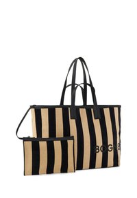 Borsa a tote a strisce in tessuto beige e nero con manici in pelle. Include una piccola pochette abbinata con zip. Presenta un marchio audace.