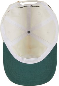 Cappello da baseball verde con texture, con un interno in tessuto bianco, dotato di un bottone sulla corona e dettagli cuciti lungo il visiera.