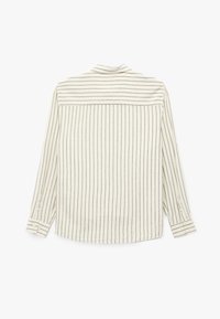 Langarmhemd in Creme mit grauen Streifen. Verfügt über einen Kragen, Knopfmanschetten und ein Schulterdesign auf dem oberen Rücken. Leichter Stoff.