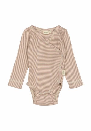 Langärmliger Baby-Body in sanftem Beige mit pastellrosa Streifen, Wickeldesign mit Druckknopfverschluss am Boden und Etikett an der Seite.