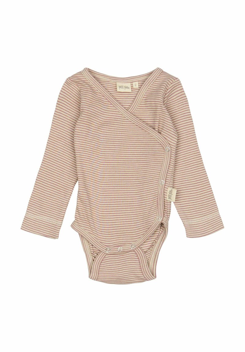 Bodysuit de manga larga para bebé en suave color beige con rayas en rosa pastel, estilo envolvente con cierre a presión en la parte inferior y etiqueta en el lateral.